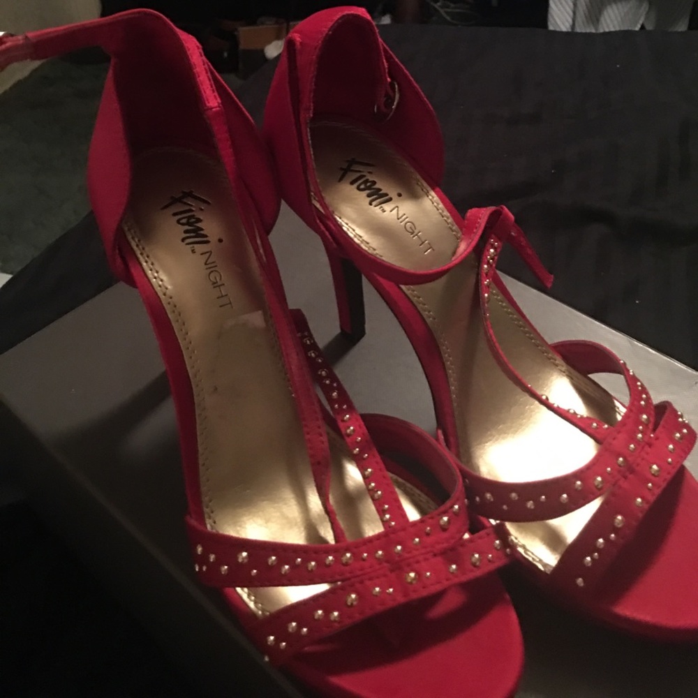 Red satin heels with gold studs sz 5.5