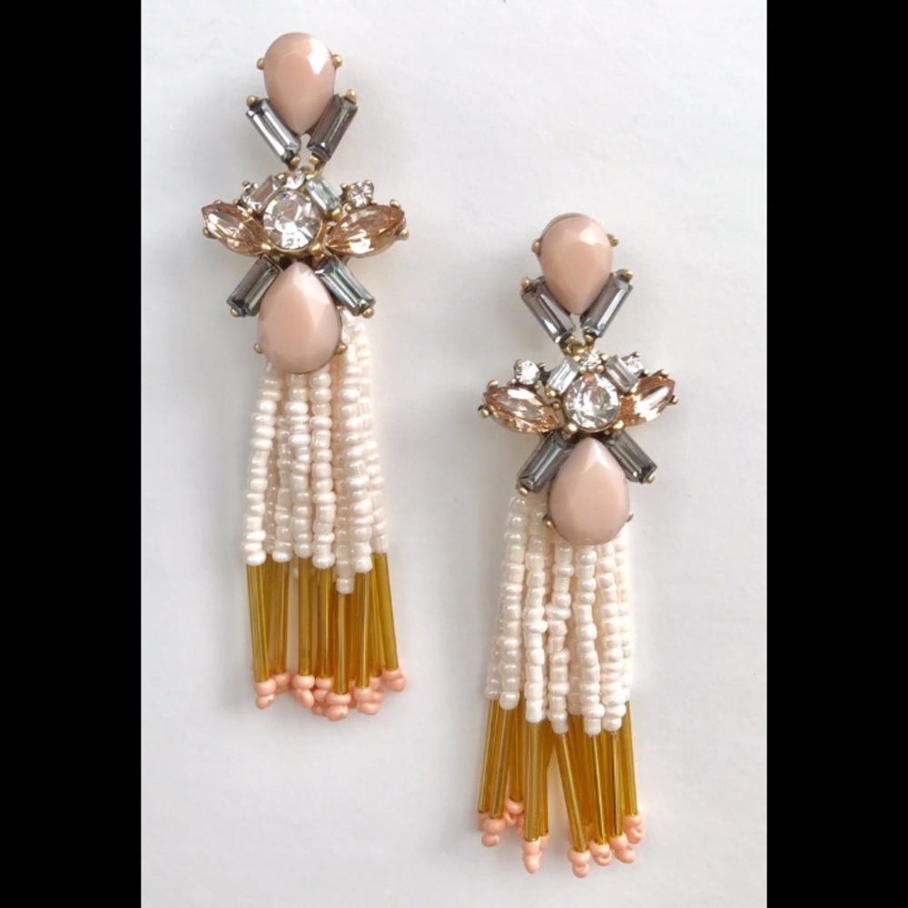 Light Pink Rhinestone And Beaded Tassel Earrings