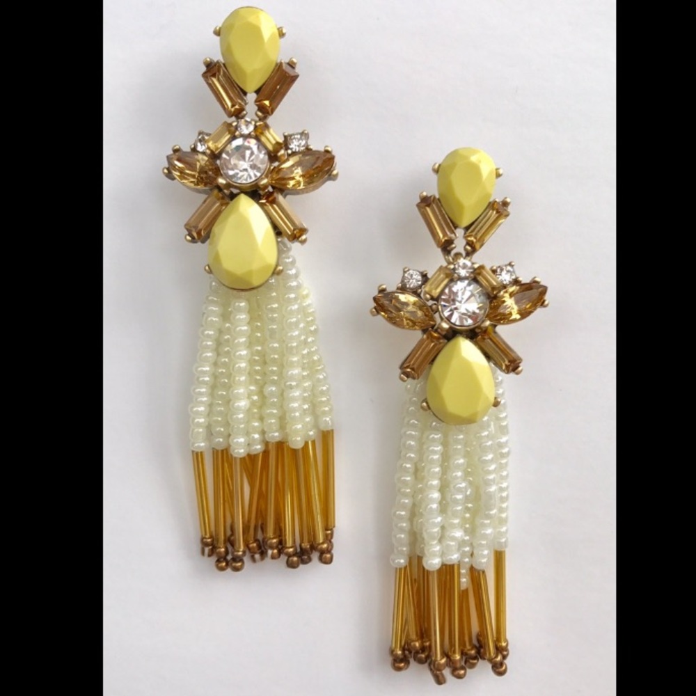 Yellow Rhinestone And Beaded Tassel Earrings