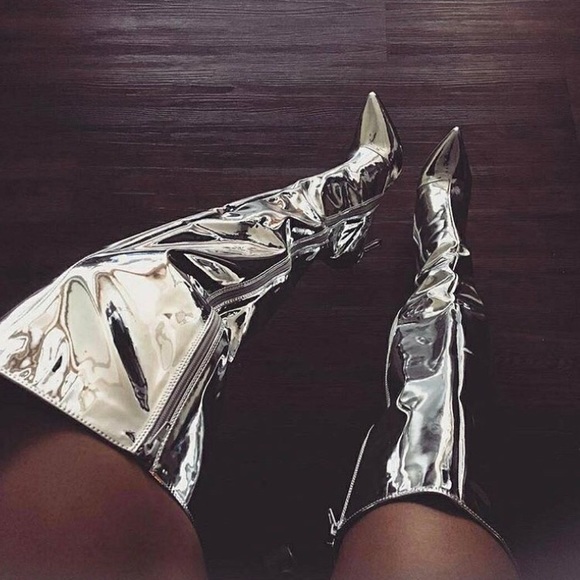 Silver Metallic Thigh High Mirror Boots - Picture 2 of 4