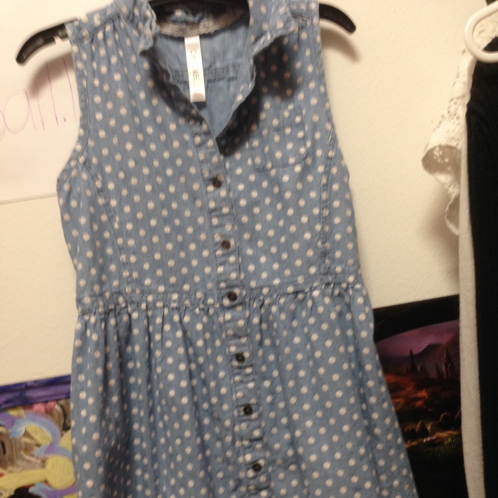 Blue and White polka dot button down dress.