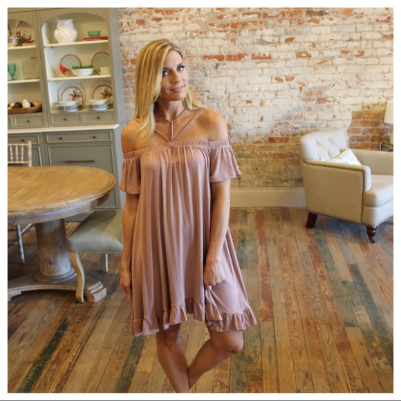Dresses & Skirts - Rose taupe off shoulder detail strap ruffle dress