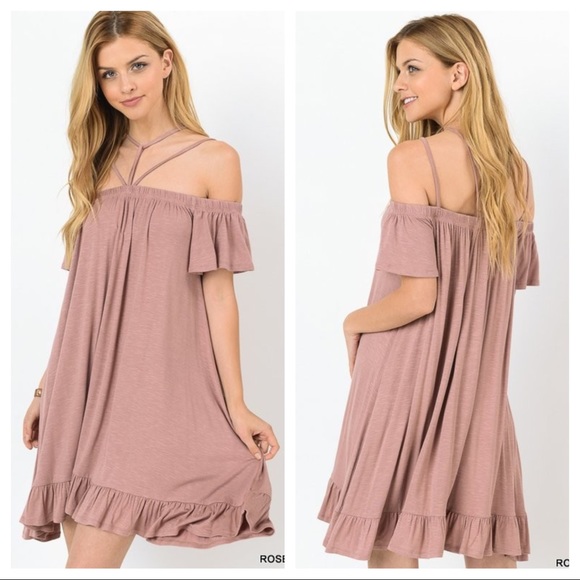 Rose taupe off shoulder detail strap ruffle dress - Picture 2 of 3