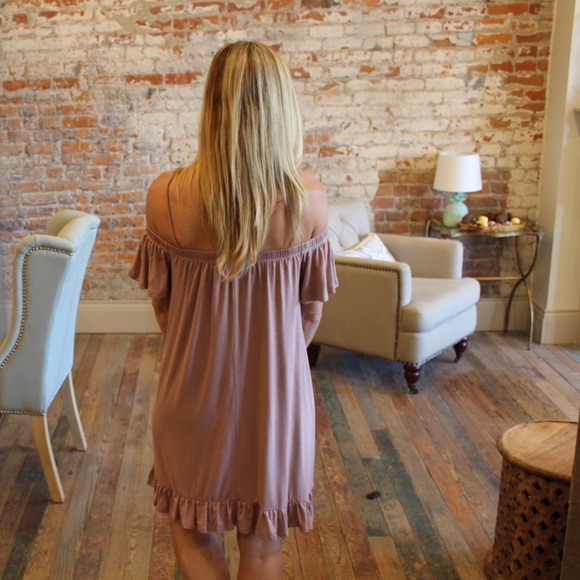 Rose taupe off shoulder detail strap ruffle dress - Picture 3 of 3