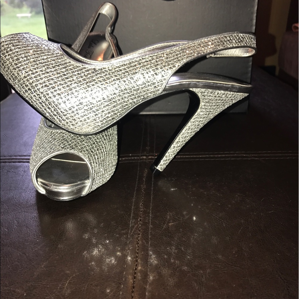 Silver peep toe heels 8.5