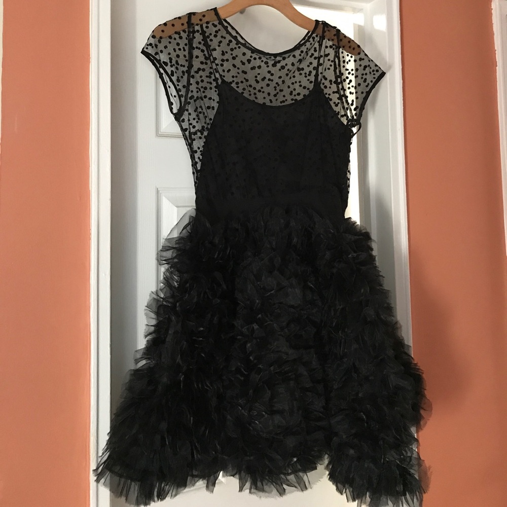 MARCHESA Black illusion ruffle cocktail dress
