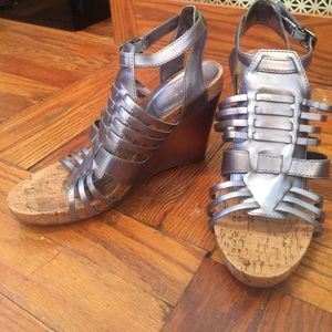 BCBG Generation Silver Buckle Wedge Sandals