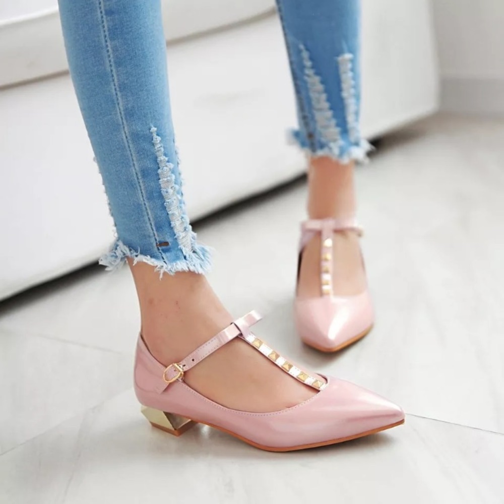 Pink Patent Leather Kitten Heel T Strap Shoes