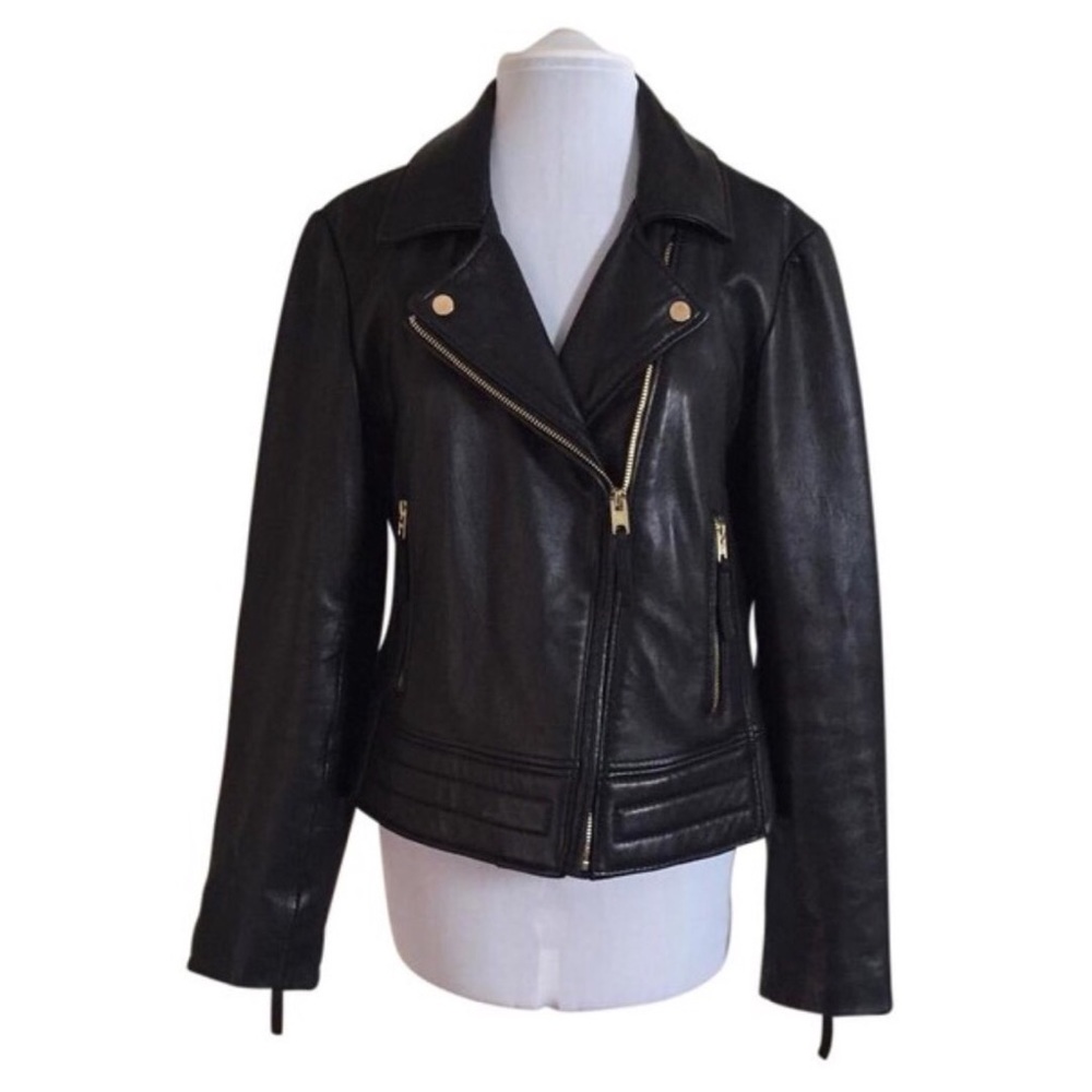 {MMK}Black Leather Motorcycle Jacket Gold Hardware