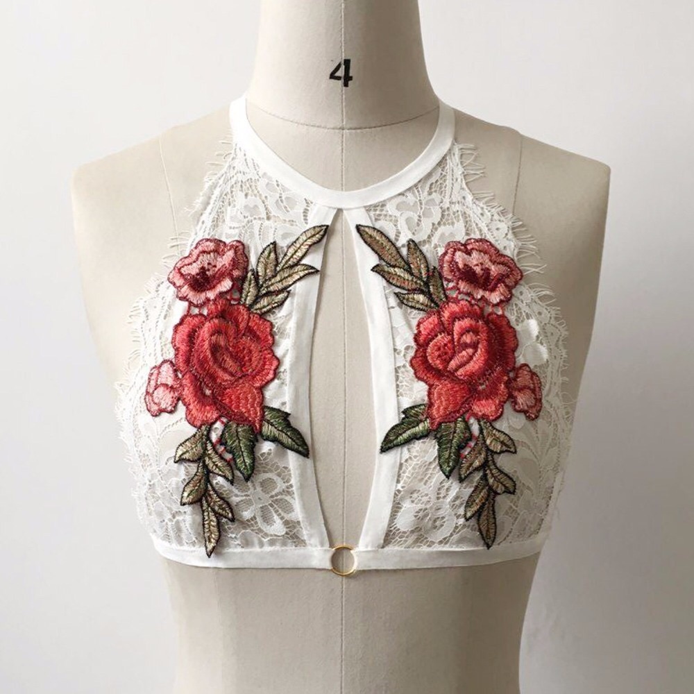 "Gabriela" ll White Lace Bralette w/ Rose Appliqué - Picture 2 of 5