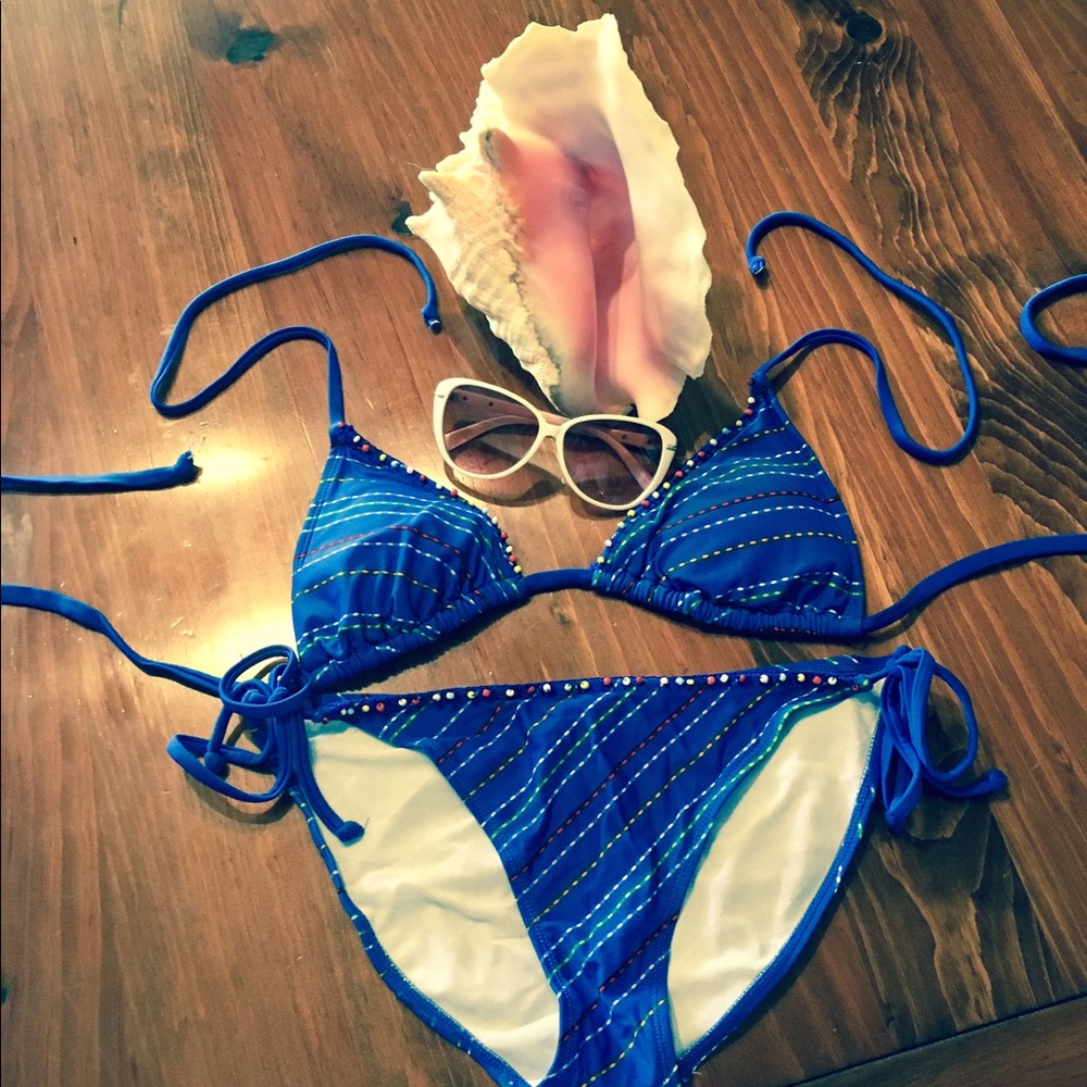 Blue bikini with multi colored beading
