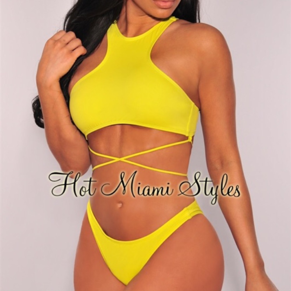 Neon Citron Lace Up Back Wrap Around Bikini