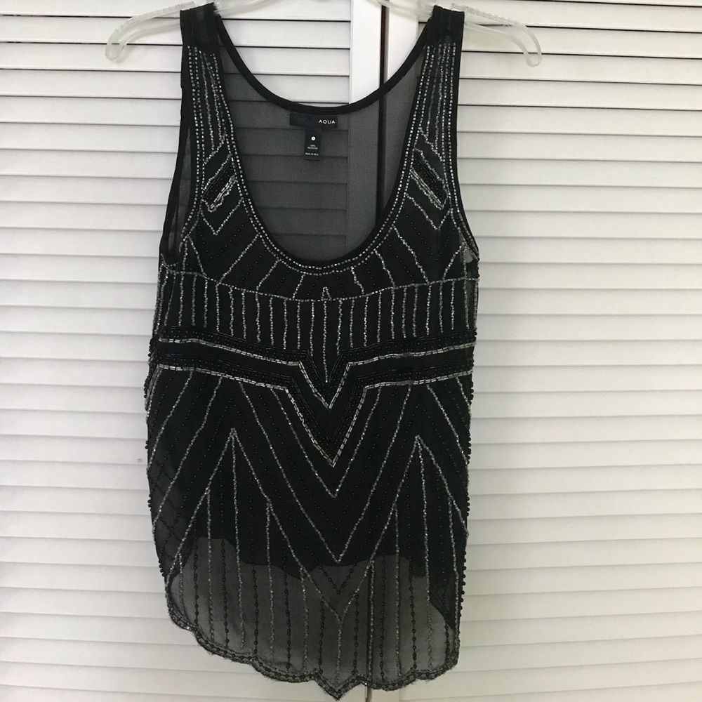 Black Aqua sheer tank with silver black beading L