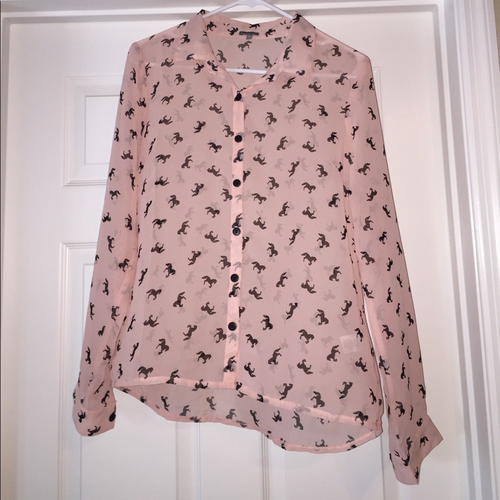 Sheer pink long sleeve button up Charlotte Russe