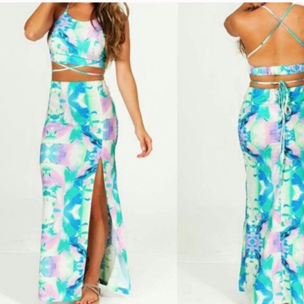 Multicolored tie dye maxi two piece dress set.