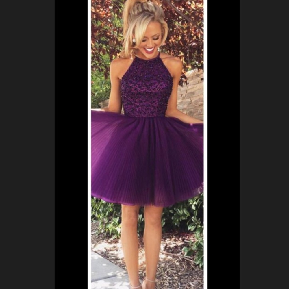 Purple High Neck Open Back Homecoming dress