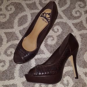 Brown peep toe pumps