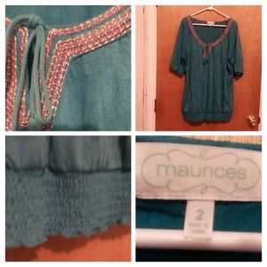Bluegreen tunic w embroidery around the neckline