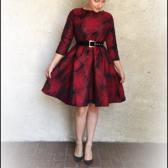 Dresses & Skirts - Red/burgundy skater dress with embroidery