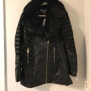 Fur Trim Faux Leather Jacket😎