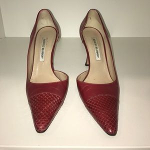 Manolo Blahnik red leather and snake skin heels 38