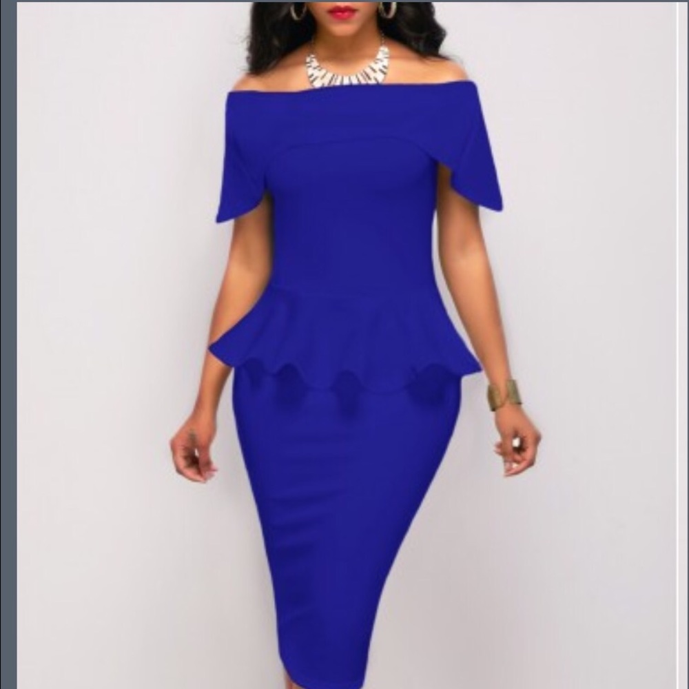 Royal blue off shoulder midi dress