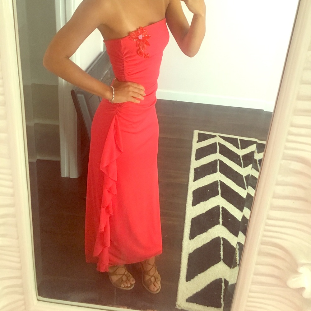 Coral strapless gown with flower beading