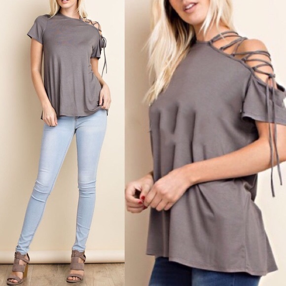 Bellanblue Tops - VIENNA lace up cold shoulder top - GREY