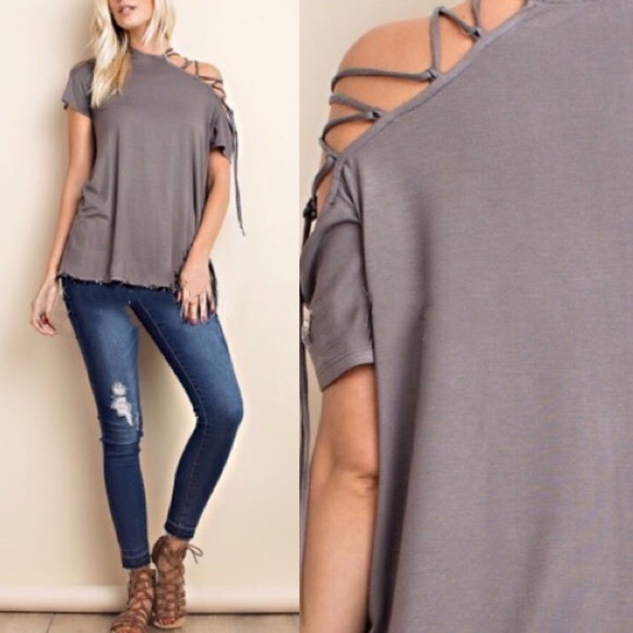 VIENNA lace up cold shoulder top - GREY - Picture 2 of 6
