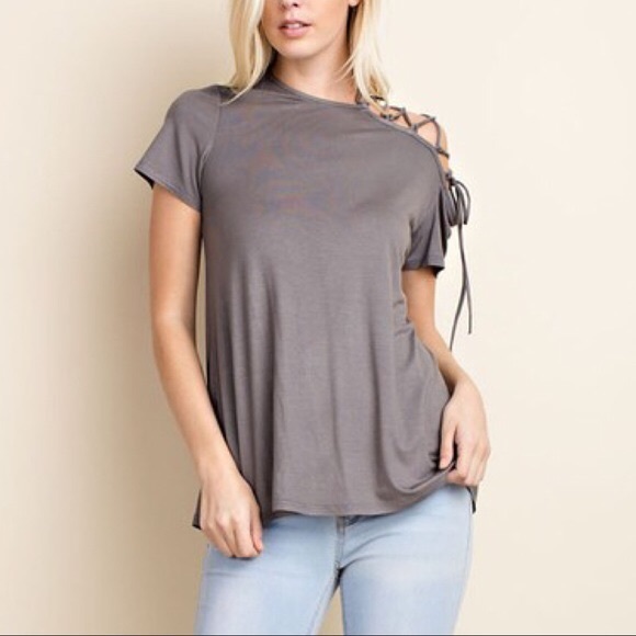 VIENNA lace up cold shoulder top - GREY - Picture 3 of 6