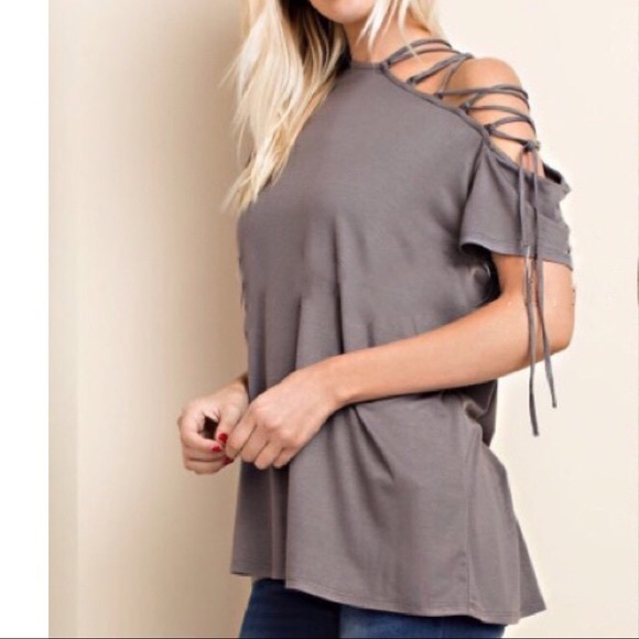 VIENNA lace up cold shoulder top - GREY - Picture 4 of 6