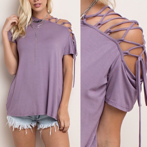 VIENNA lace up cold shoulder top - GREY - Picture 5 of 6