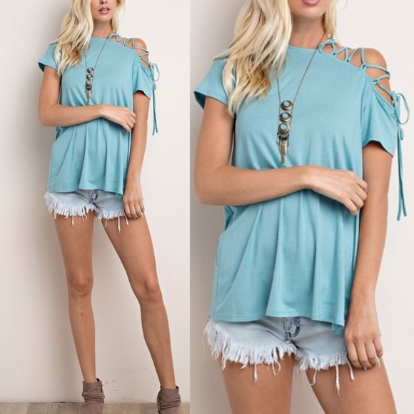 VIENNA lace up cold shoulder top - GREY - Picture 6 of 6