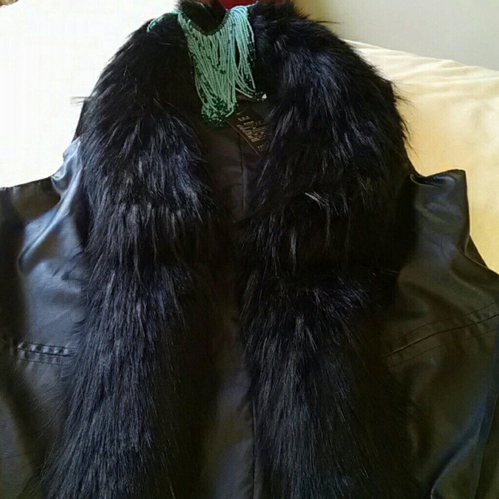 Black faux leather leather with fur collar