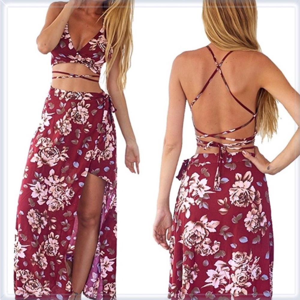 Two piece floral outfit crop top maxi skirt