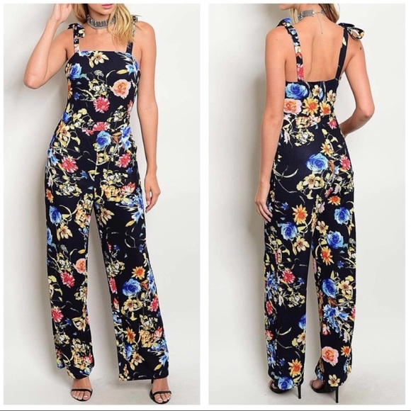 October Love Pants - NAVY FLORAL JUMPSUIT W/POCKETS&TIE