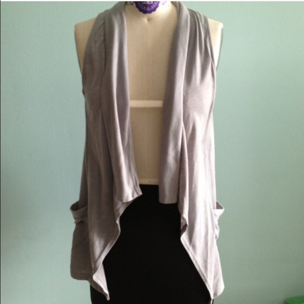 Open Front Lace Back Grey Sleeveless Open Cardigan