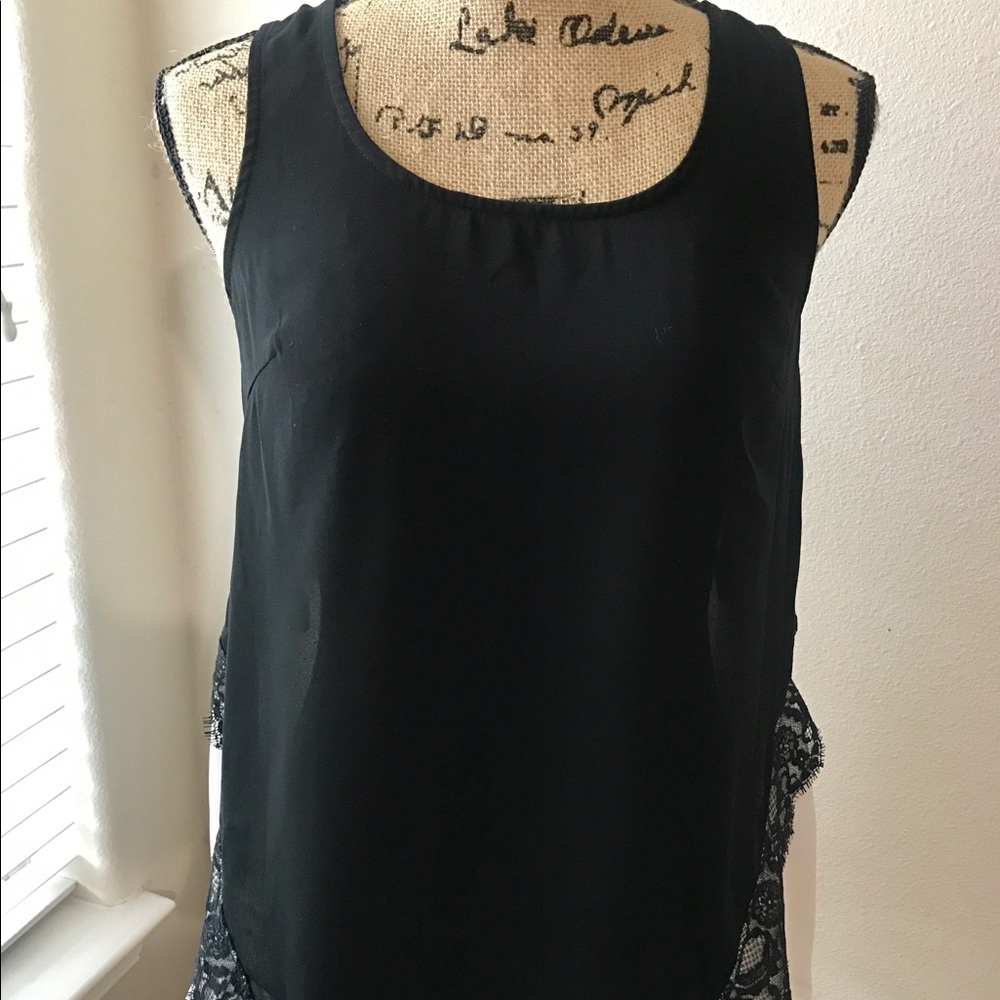 Sheer black and nude lace trim sleeveless shirt
