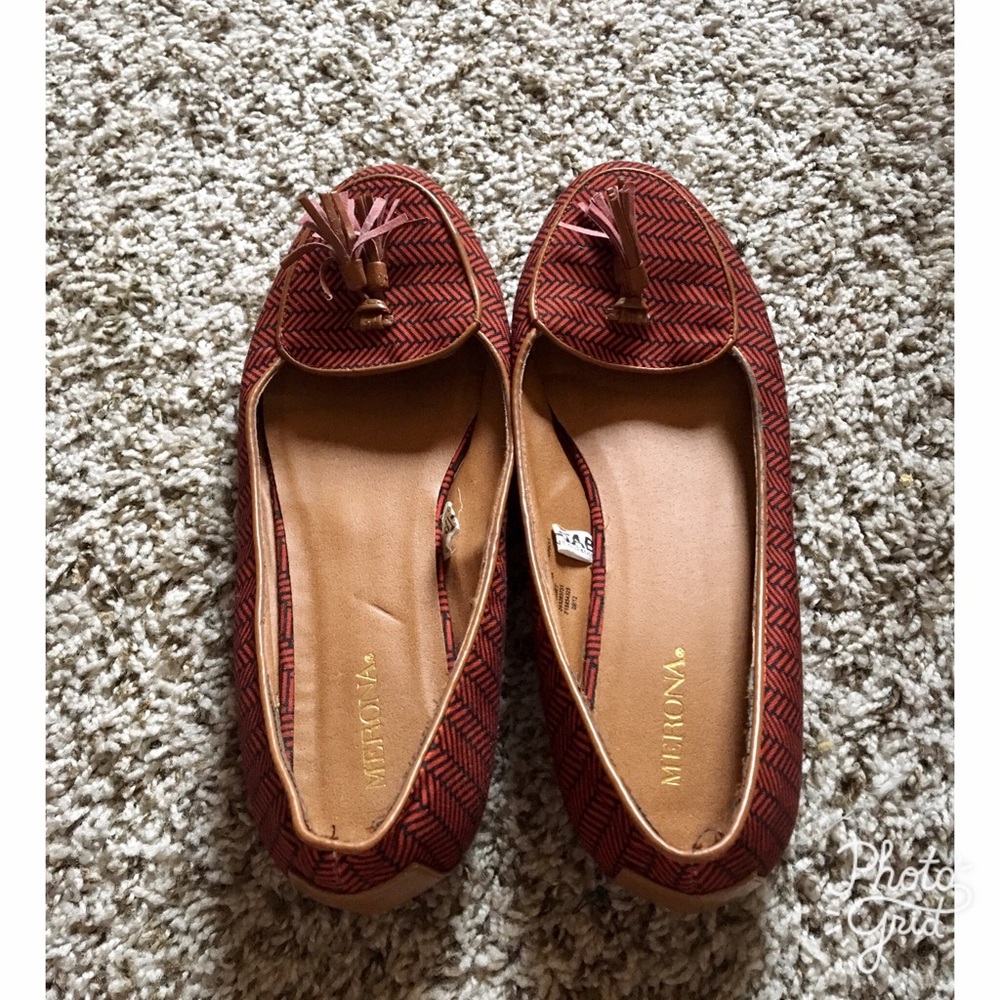 Red and navy loafer flats