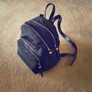 Black Leather and Polyester Gold Hardware Backpack