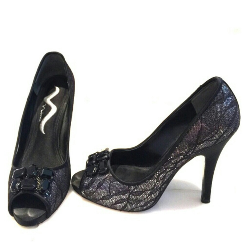 Nina Black Jeweled Peep-toe Heel
