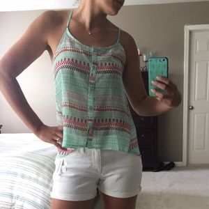 Turquoise print cross back tank