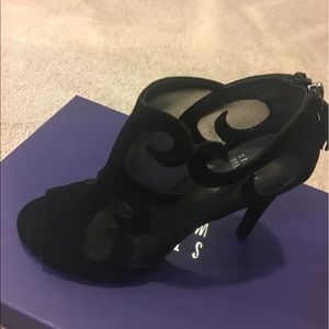 Stuart Weizman black suede/mesh opentoe ankle boot