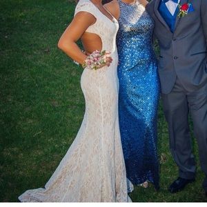 CREAM LACE LONG MERMAID OPEN BACK PROMEVENING GOWN