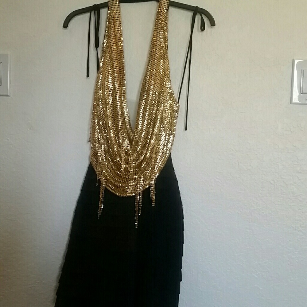 Jovani Black and Gold Halter Top mini Dress. SEXY!