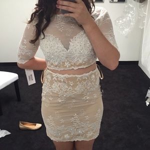 Jovani Homecoming Dress (two piece, white, lacey)