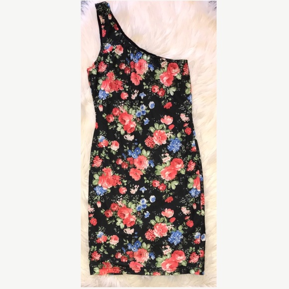 NWT Stretchy Black Floral One Shoulder Mini Dress - Picture 4 of 6