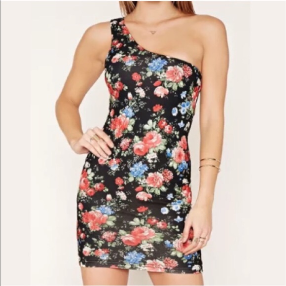 NWT Stretchy Black Floral One Shoulder Mini Dress - Picture 6 of 6