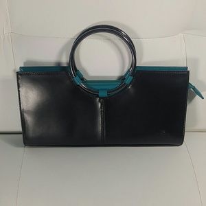Daniela Moda Handbag Black Leather Turquoise Trim