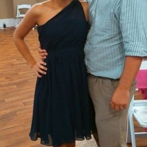 Navy blue one shoulder knee length dress